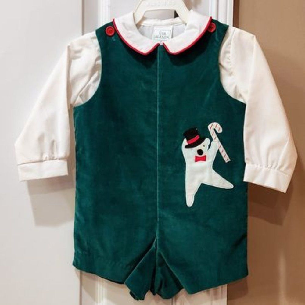 NWOT Lisa Jackson 2T Green Velvet Holiday Short Outfit & White Shirt